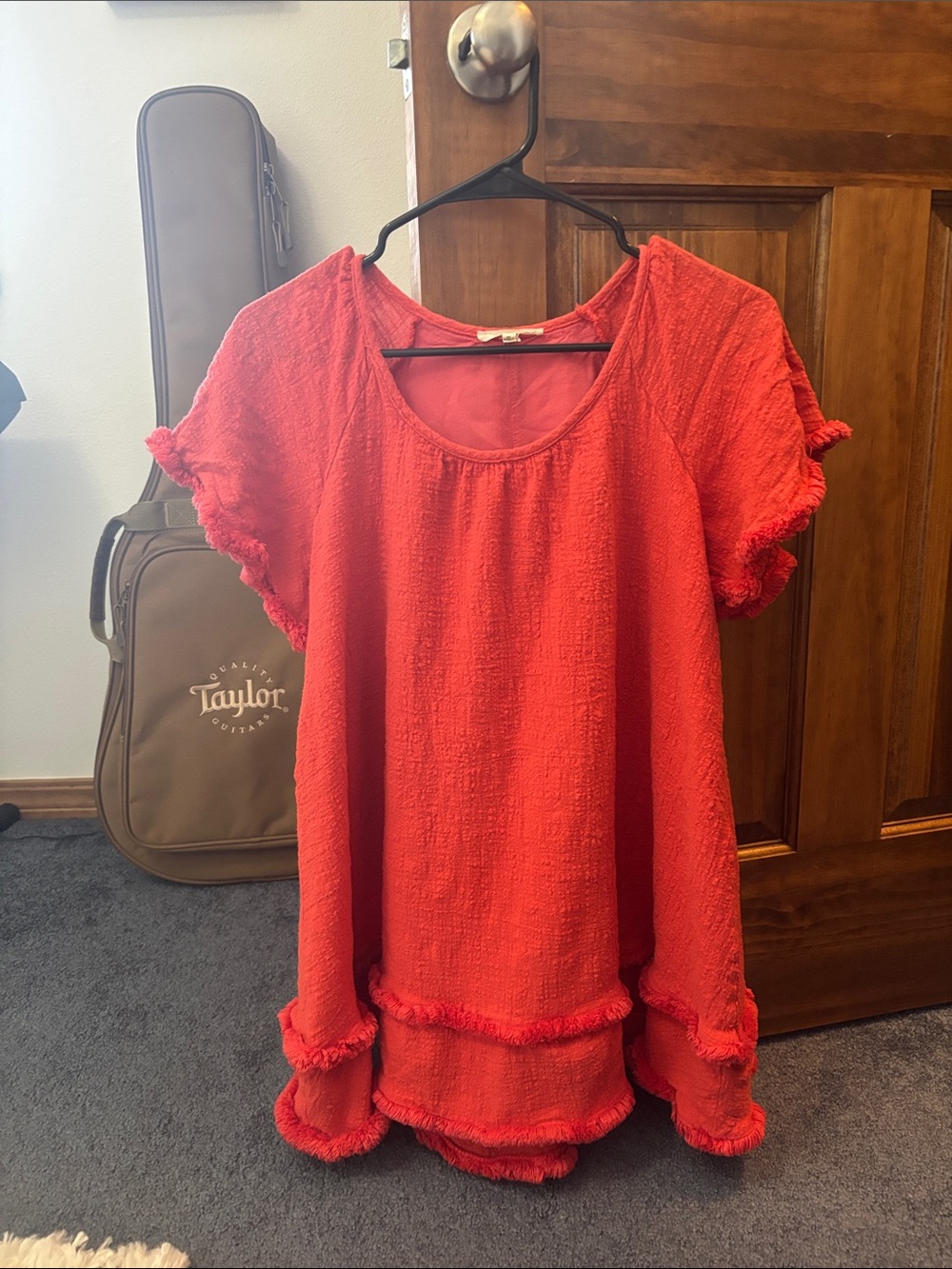 easel Coral-Red Textured Short-Sleeve Tunic or Dress with Ruffle Trim